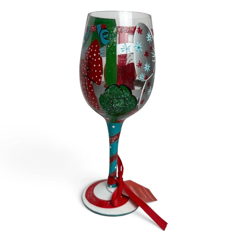 Lolita Tie One On Christmas Bow Hand Painted Wine Glass 15oz Boxed